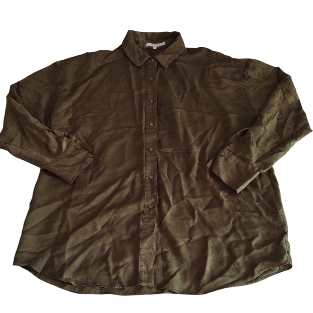 Favorite Daughter Medium Green Button Up Foliage Print Satin Top *FLAWED*